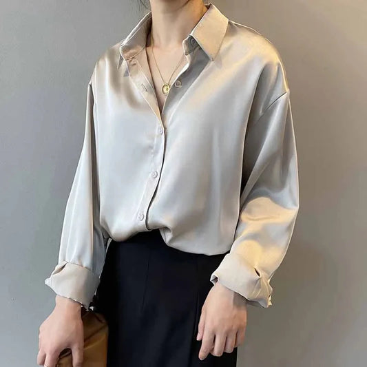 Silk Korean Elegant Shirt Blouse for Women Fashion, Button Up Satin Shirt Vintage White Long Sleeve Shirts Tops 11355